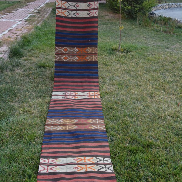 Turkish Handwoven Embroidered Runner Rug,Anatolian Pure Organic Wool Rug,Unique Cicim Rug,Home Decor Rug,2'4'x15'0' ft, Morrocan Rug