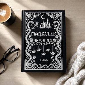May include: A black hardcover book titled Manacled by SenLinYu, featuring white line art of a castle, a crescent moon, two snakes, roses, and four hanging origami cranes. The cover design is symmetrical with intricate floral and serpent borders.