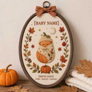 Cerchio personalizzato per annunciare la nascita di un bambino in autunno, decorazione per la cameretta a tema zucca, dati di nascita personalizzati, regalo autunnale per neonati, cartello ovale con il nome del bambino