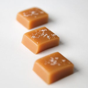 May include: Three square caramel candies with a light brown color and a sprinkle of white sea salt on top. The candies are arranged diagonally on a white background, creating a simple and elegant presentation.