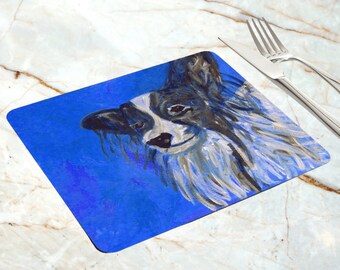 Blue Papillon Dog Placemat, blue dinner table setting, housewarming gift, dog lover present, glossy table protector, cute animal place mat