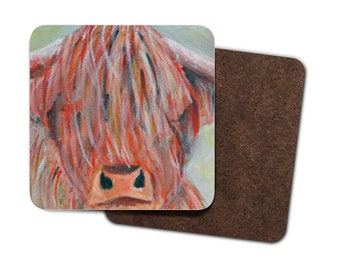 Highland Cow coasters, farm animal drinks mats, colourful cow wooden hardboard coasters, housewarming gift, cute birthday gift for mother