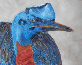 Cassowary wall art, exotic bird print, nature inspired rainforest artwork, orange and blue flightless bird art, colourful bird lover gift