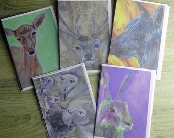 Misprint bundle of greeting cards, set of 5 blank cards, birthday, thank you or get well cards for animal lovers