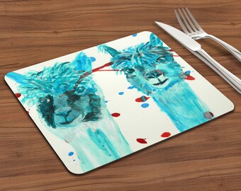 Teal blue alpaca table mat, blue llama dinner table place setting, colourful animal gift, unique rectangular placemat, housewarming gift