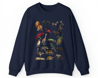 Zoo Animals Vintage Aesthetic Crewneck | Throwback 90s Look | Biology Science Teacher Gift | Cozy Maximalist Sweatshirt | Lion Tiger Peacock