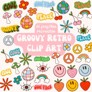 Groovy Retro Theme .png Clip Art Pack | Peace Disco Ball | Dorm Decor | Classroom | Transparent Files | Sublimation Printing | DIY Crafting