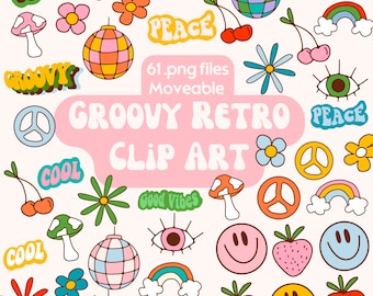 Groovy Retro Theme .png Clip Art Pack | Peace Disco Ball | Dorm Decor | Classroom | Transparent Files | Sublimation Printing | DIY Crafting