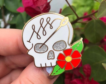 Fiber Arts Skull - 1.5" Hard Enamel Pin - Embroidery Cross Stitch Artist Creator's Club Needle Sewing