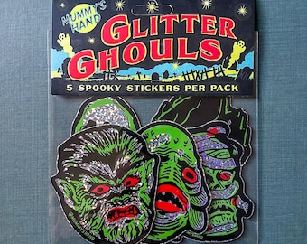 Glitter Ghouls - 5 Sticker Pack. shiny glittery classic universal monsters stickers. wolfman creature bride of Frankenstein mummy and ghost
