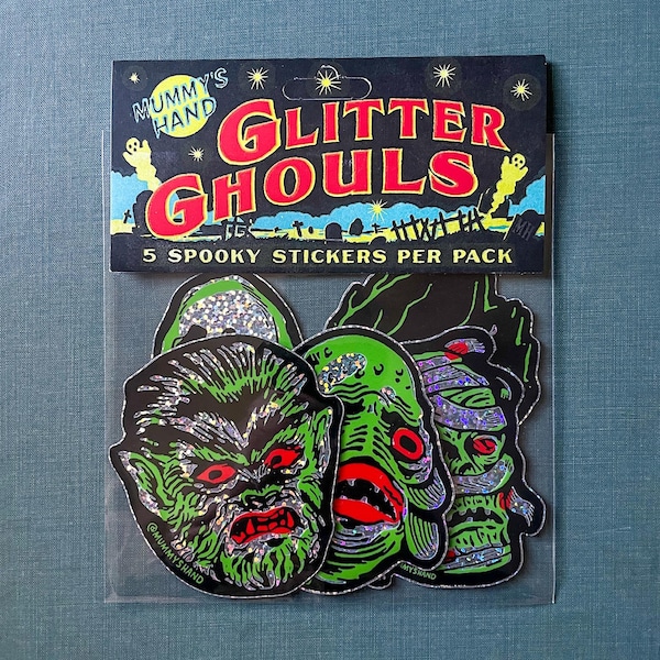 Glitter Ghouls - 5 Sticker Pack. glänzende glitzernde klassische universelle Monster Aufkleber. Wolfsmann Geschöpf Frankensteins Mama und Gespenst