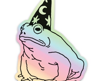 wartlock - holographic frog wizard sticker, amphibian magician