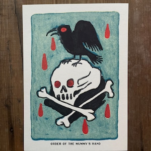 Nevermore - 5x7&quot; Risograph Print, skull and raven illustration, blood rain design