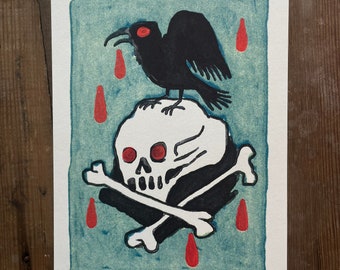 Nevermore - 5x7" Risograph Print, skull and raven illustration, blood rain design
