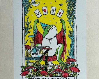 The Croaking Conjurer - 5x7" Risograph Print, frog wizard illustration, Magician tarot card design