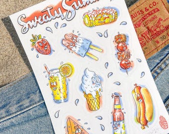 Sweaty Summer - 9 Sticker sheet. Clear food stickers. Hotdog, Ice cream, Popsicle, Lemonade, Elote, Watermelon, Kebab, Strawberry, and Beer