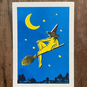 Spellbound Solitude - 5x7&quot; Risograph Print, solitary witch stargazing illustration, lunar design