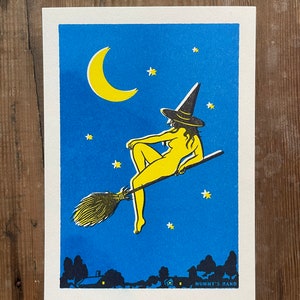 Spellbound Solitude - 5x7" Risograph Print, solitary witch stargazing illustration, lunar design