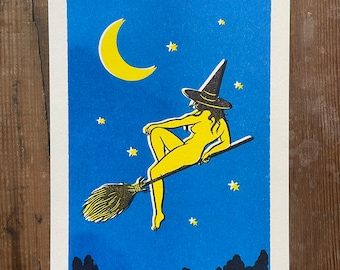 Spellbound Solitude - 5x7" Risograph Print, solitary witch stargazing illustration, lunar design