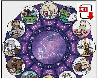 Ferret Zodiac Birthstones Stitch-Along – Cross Stitch Pattern, Modern Cross Stitch, Zodiac Cross Stitch, Galaxy Cross Stitch, Digital PDF