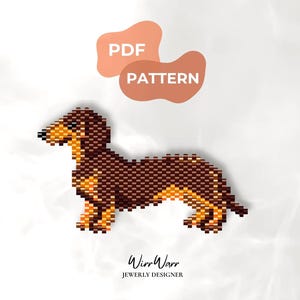 May include: A digital PDF pattern featuring a pixelated dachshund dog design in shades of brown and orange. The text PDF PATTERN is displayed in white on a peach-coloured shape above the dog, with WirrWarr JEWERLY DESIGNER printed below.
