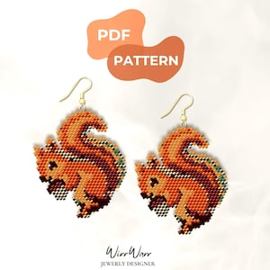 May include: A pair of beaded earrings shaped like squirrels holding acorns, crafted with orange, brown, and cream-coloured beads on gold-toned hooks. The image includes the text PDF PATTERN and WirrWarr JEWERLY DESIGNER in the upper and lower sections.