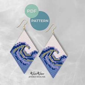 May include: A pair of diamond-shaped earrings with a wave design. The earrings are made of small, colorful beads in shades of blue, purple, and gold. The top portion is light pink. The earrings have gold-colored hooks. The image also includes the text "PDF PATTERN".