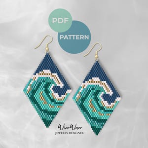 May include: A pair of diamond-shaped earrings with a wave design, crafted from small, colorful beads. The earrings feature a dark blue background with a turquoise and white wave pattern. Gold-colored ear wires are attached. The image includes the text "PDF PATTERN".