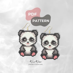 May include: A pair of beaded panda earrings featuring a black and white pixelated design with pink accents on the paws and ears. The earrings hang from gold-toned hooks. The image includes the text PDF PATTERN and WirrWarr JEWERLY DESIGNER.