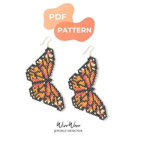May include: A pair of beaded butterfly earrings featuring a monarch pattern in orange, black, and white. Above the earrings, the text reads PDF PATTERN in white on peach-colored shapes. Below, the text reads WirrWarr JEWERLY DESIGNER.