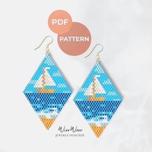 May include: A pair of diamond-shaped beaded earrings featuring a sailboat design on a blue sea with white clouds. The earrings have gold-tone metal hooks. The image includes the text PDF PATTERN and the brand name WirrWarr JEWERLY DESIGNER.