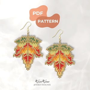 May include: A pair of beaded earrings shaped like autumn leaves with a gradient of green, yellow, orange, and red beads. The earrings feature gold-tone metal hooks and are presented as a PDF pattern. The text PDF PATTERN and WirrWarr JEWERLY DESIGNER are visible.
