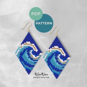 May include: Diamond-shaped earrings featuring a wave design, made from tiny blue, white, and gold beads. The earrings have gold-coloured hooks and are set against a light background. The image includes the text "PDF PATTERN" and "Winn Warr JEWERLY DESIGNER."