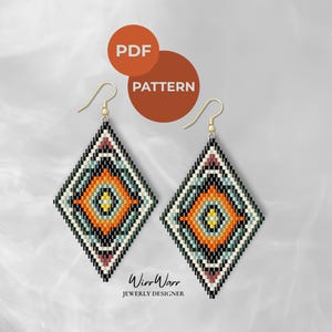 May include: A pair of diamond-shaped beaded earrings with a geometric pattern in black, orange, teal, and cream colors. The earrings have gold-colored hooks. The image includes the text "PDF PATTERN" and the designer's name, "Winn Warr Jewerly Designer."