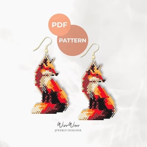 May include: A pair of beaded earrings featuring a pixelated fox design in shades of orange, red, black, and white, suspended from gold-toned metal hooks. The image includes the text PDF PATTERN and the brand name WirrWarr JEWERLY DESIGNER.