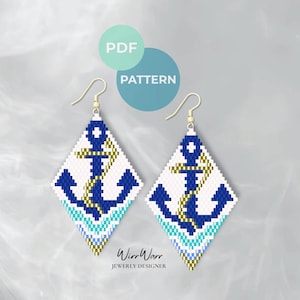 May include: A pair of diamond-shaped beaded earrings featuring a blue anchor design with gold rope accents on a white background, finished with a teal and light blue chevron pattern at the bottom and gold-toned metal earring hooks.