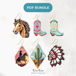 Könnte beinhalten: Ein PDF-Paket mit sechs Perlenohrring-Mustern, die einen braunen Pferdekopf, einen rosa-blauen Cowboystiefel, einen beigefarbenen und türkisfarbenen Stiefel, eine Reiter-Silhouette bei Sonnenuntergang, einen Kaktus und einen Kopfschmuck zeigen.
