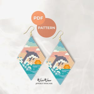 May include: Diamond-shaped beaded earrings with a dolphin design. The earrings feature a blue, orange, and pink sunset scene with a jumping dolphin. The earrings have gold-colored hooks and the text "PDF PATTERN".