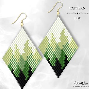 May include: Diamond-shaped beaded earrings with a forest design in shades of green and black. The earrings have gold-colored hooks and are labeled as a PDF pattern. The design features a gradient effect, transitioning from light to dark green.