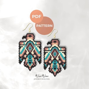 May include: A pair of beaded earrings featuring a geometric bird motif in black, turquoise, cream, and dusty rose colours. The design is presented as a PDF pattern with gold-toned ear wires. The text PDF PATTERN and WirrWarr JEWERLY DESIGNER appear.