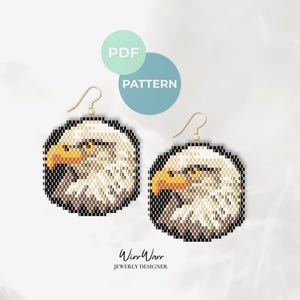 May include: A pair of beaded earrings featuring a pixelated bald eagle head design in white, black, and yellow, with gold-toned ear wires. The image includes circular text overlays reading PDF PATTERN and the text WirrWarr JEWERLY DESIGNER.