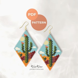 May include: A pair of diamond-shaped earrings with a desert landscape design. The earrings feature a blue sky background with a green cactus, orange and brown mountains, and white clouds. The earrings have gold-colored hooks. The text "PDF PATTERN" is in the background.