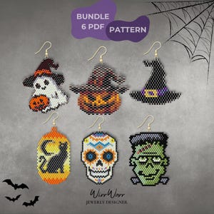 Paquete de patrones de pendientes de Halloween en PDF / 6 patrones de abalorios / Puntada de ladrillo y peyote / Miyuki Delica DIY