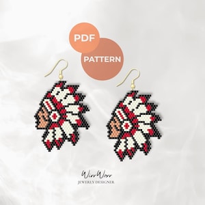 May include: Two beaded earrings in a Native American headdress design. The earrings are made with red, white, and black beads and gold-coloured ear wires. The image includes the text "PDF PATTERN" and the designer's name, "Winn Warr JEWERLY DESIGNER."