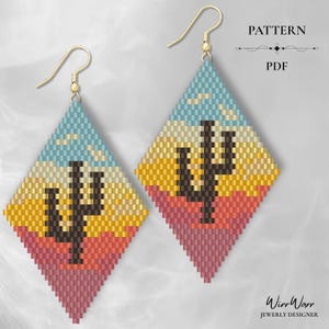 May include: Diamond-shaped earrings with a Southwestern desert landscape design. The earrings feature a brown cactus silhouette against a gradient of blue, yellow, and pink. Gold-colored ear wires complete the design. The image also includes the text "PATTERN PDF".
