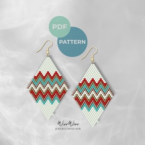 May include: A pair of diamond-shaped beaded earrings with a zigzag pattern in red, turquoise, and brown against a white background. The earrings have gold-colored hooks. The image also includes the text "PDF PATTERN" and the designer's name, "Winn Warr".