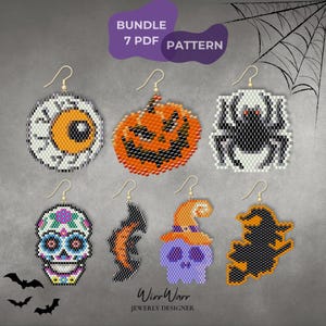 Paquete de pendientes espeluznantes de Halloween en PDF / 7 patrones de abalorios / Punto ladrillo y peyote / Miyuki Delica