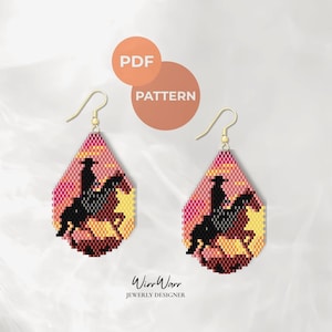 May include: A pair of beaded earrings with a cowboy and horse design. The earrings are teardrop-shaped with a pink, yellow, and red sunset background. The text "PDF PATTERN" is in the upper right corner.