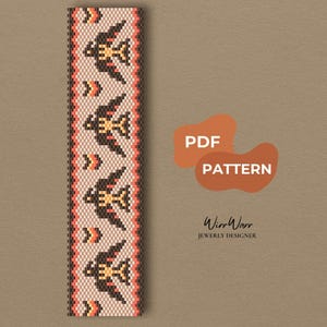May include: A rectangular beadwork pattern featuring a repeating design of black birds with orange and yellow accents on a light beige background. The pattern includes the text PDF PATTERN and WirrWarr JEWERLY DESIGNER in a dark font.