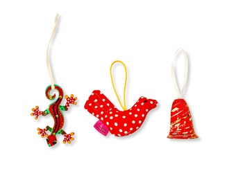 3 Handmade Christmas Ornaments: Metal Art Gecko Ornament, Stuffed Bird Ornament & Paper Bead Bell Ornament - Handmade in Haiti